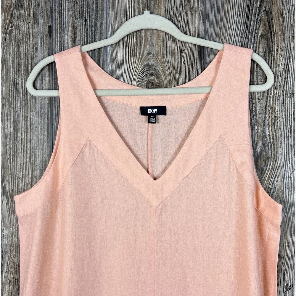 DKNY Peach A-Line Shift Dress L Linen Blend Side Slits Pullover Minimalist Beach